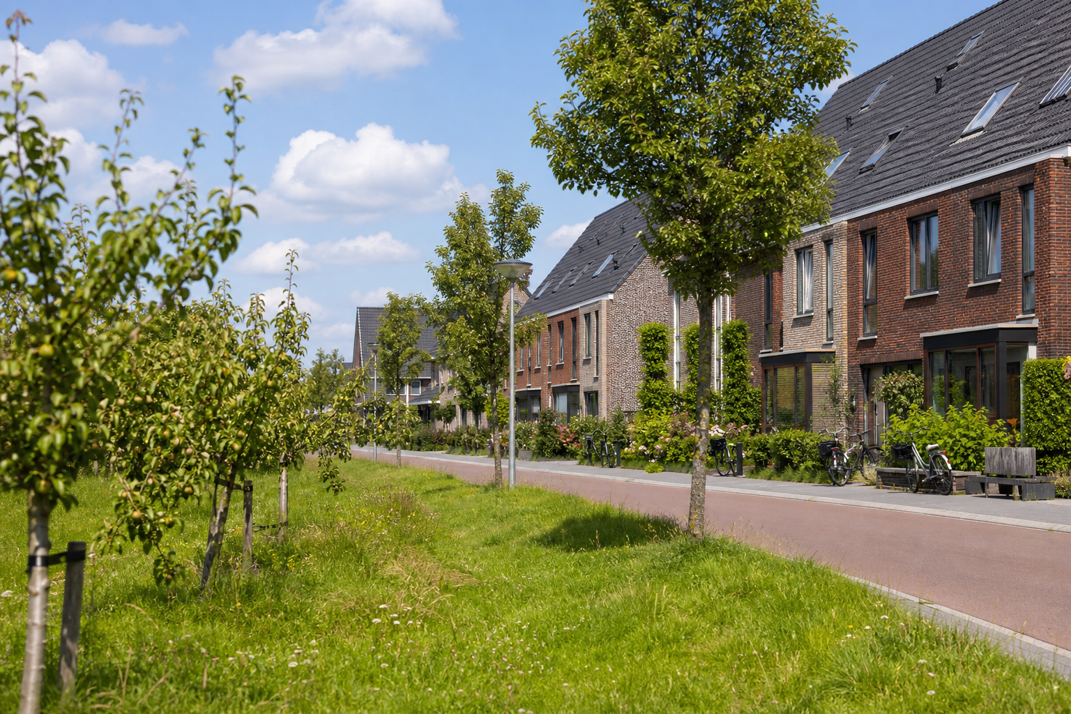 Nieuwbouwstraat met groen in De Boomgaard, Leeuwarden-Zuid